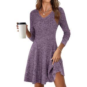 Women's Long Sleeve Ribbed Knit Short Dresses V Neck Swing Sweater Dress Purple